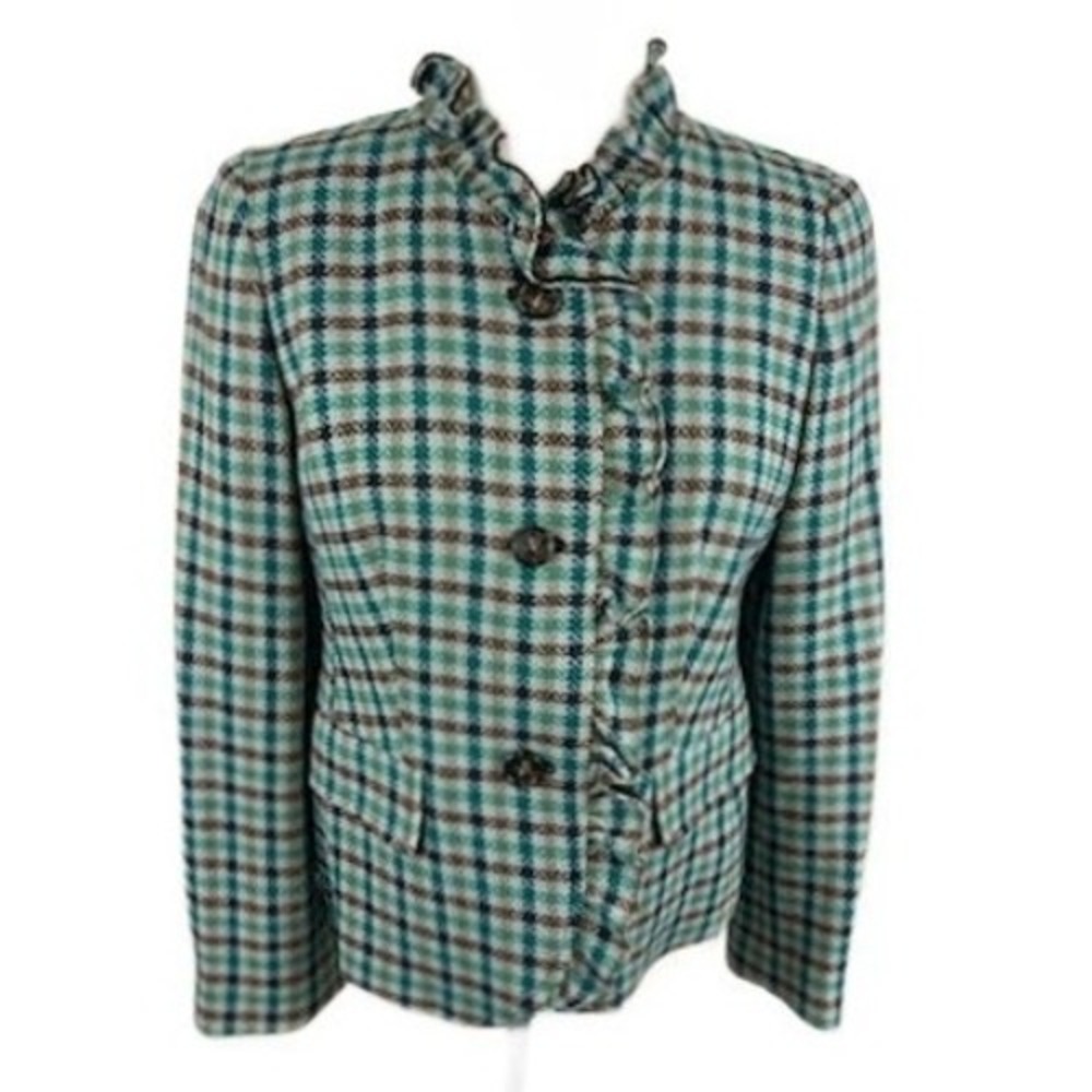 Talbots‎ Blazer Jacket Women's Size 6P Petite Green Plaid Wool Lined Ruffle